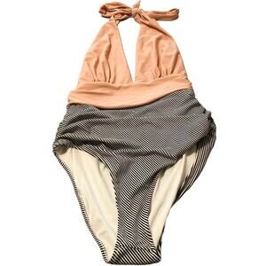 Cupshe One-Piece Swimsuit Tie Halter Deep V Plunge Large Peach & Striped Beachy